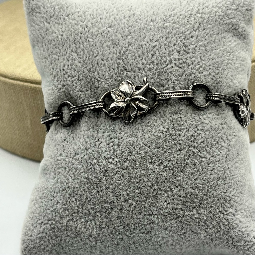 Vintage 1940s art deco Sterling silver plumeria chain link Bracelet - Picture 8 of 10